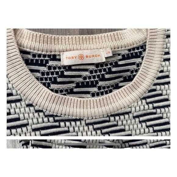 Tory Burch Size Large Geometric Pattern Crew Neck Sweater Wool Women Black Cream - Picture 5 of 9